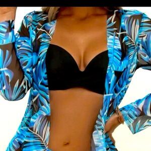 4- 3PCS Tropical Print Crisscross Bikini Set With Cover Up, Chic and Sexy,